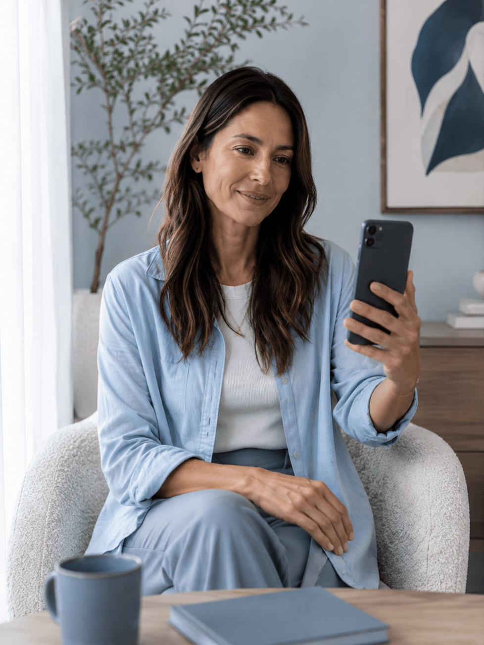 Mujer mirando celular en sofá
